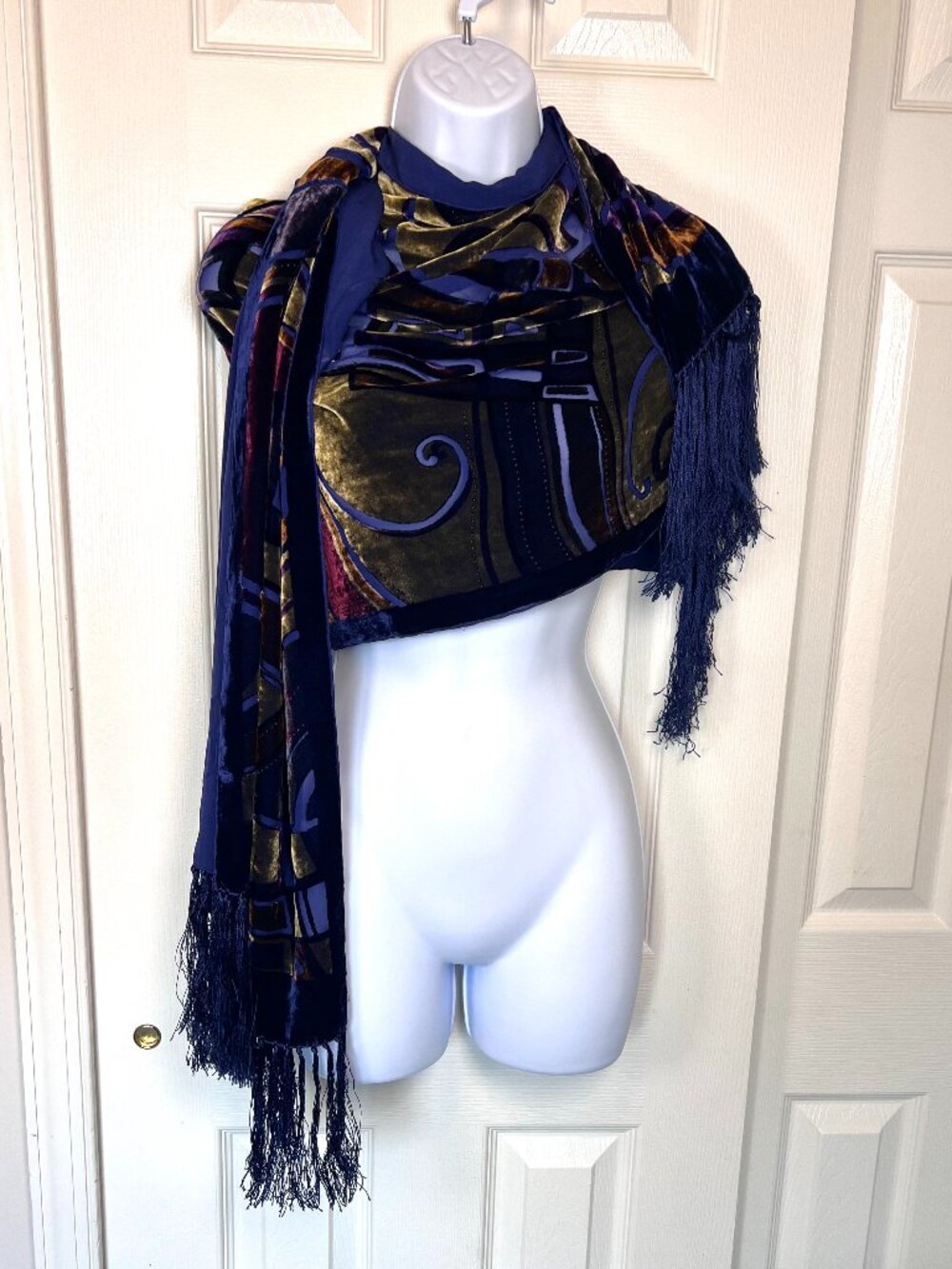 Artsy Colorful Crushed Velvet Scarf with Fringe Lined Ren Fair, Art to Wear